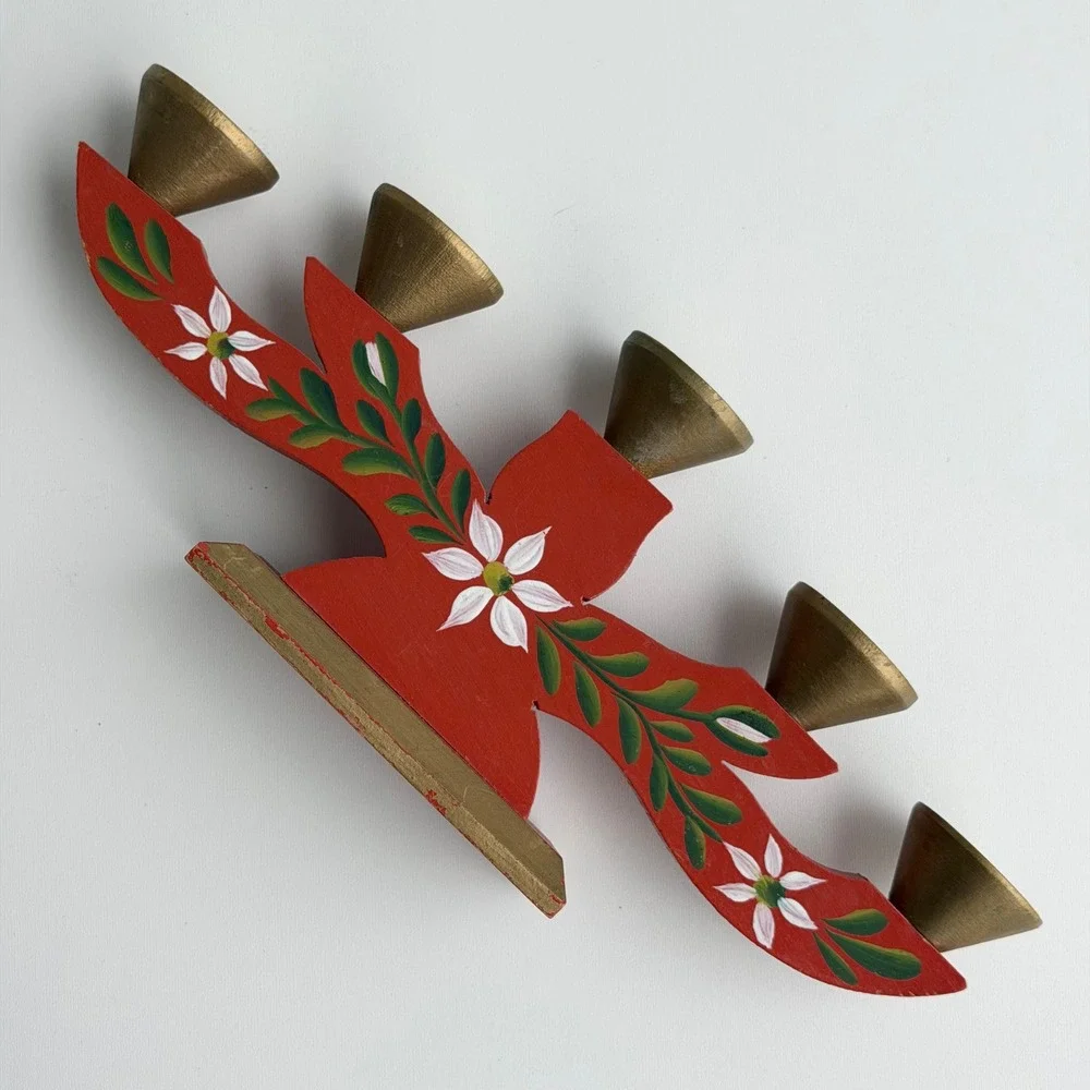 Vintage Scandinavian Taper Candelabra Red Folk‎ Art Hand Painted Gold Floral